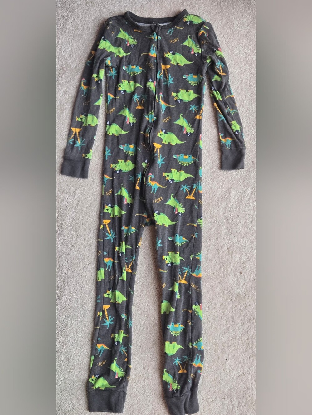 Old Navy Gray Footed One-Piece Pajamas with Green Dinosaur Print